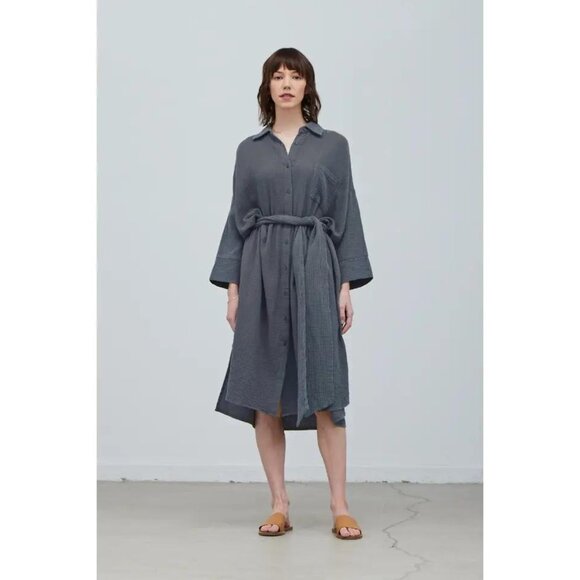 Textured Shirt Dress – Belted Waist, Relaxed Fit, Midi Length - Picture 1 of 3